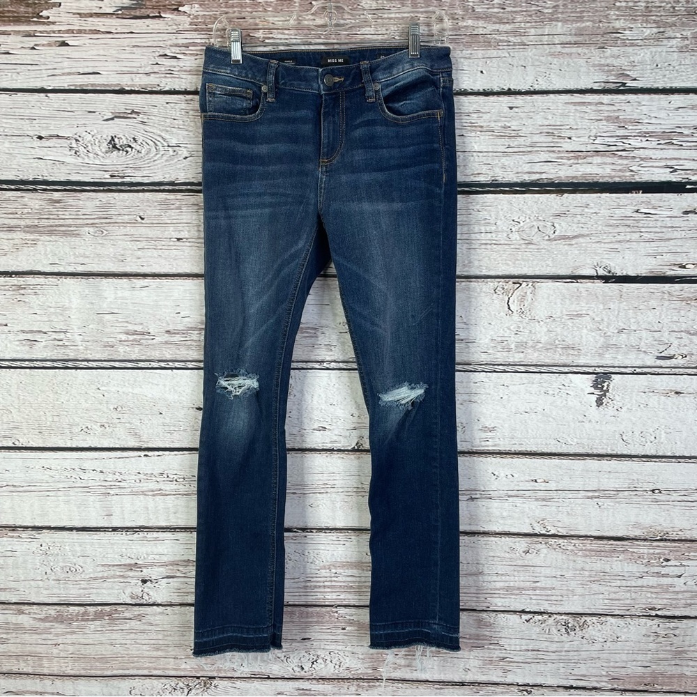Miss Me Ankle Straight Jean Size 28 Mid Rise Raw Hems Distressed Denim Dark Wash